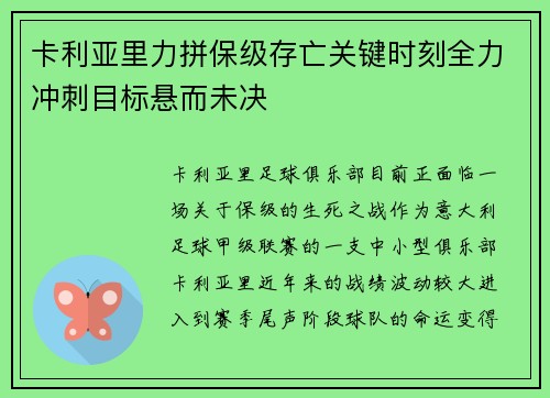 卡利亚里力拼保级存亡关键时刻全力冲刺目标悬而未决