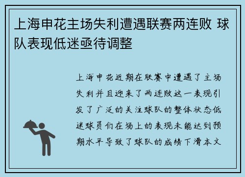 上海申花主场失利遭遇联赛两连败 球队表现低迷亟待调整