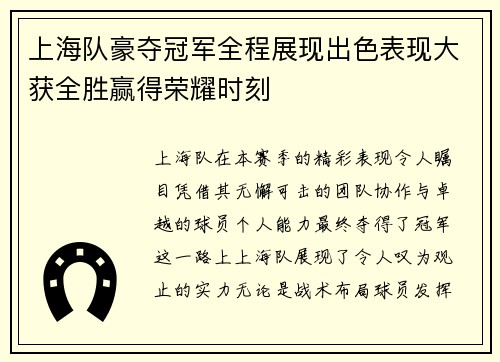 上海队豪夺冠军全程展现出色表现大获全胜赢得荣耀时刻