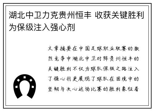 湖北中卫力克贵州恒丰 收获关键胜利为保级注入强心剂