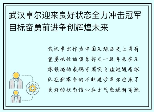 武汉卓尔迎来良好状态全力冲击冠军目标奋勇前进争创辉煌未来