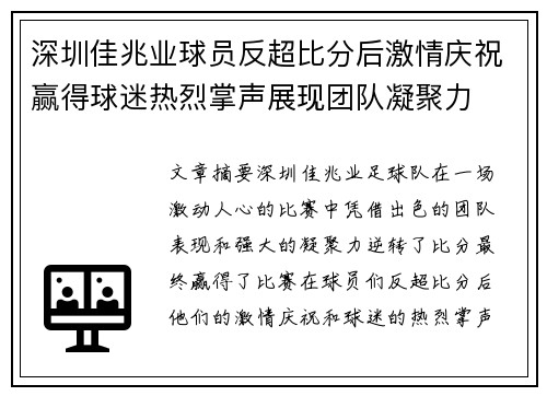 深圳佳兆业球员反超比分后激情庆祝赢得球迷热烈掌声展现团队凝聚力