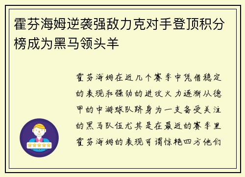 霍芬海姆逆袭强敌力克对手登顶积分榜成为黑马领头羊