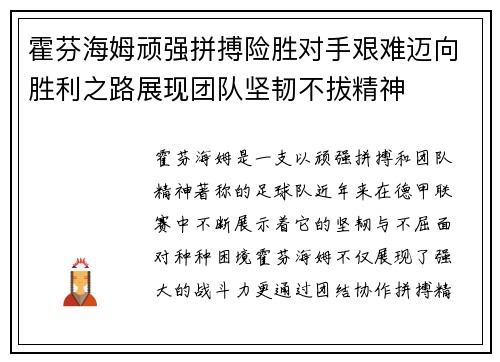 霍芬海姆顽强拼搏险胜对手艰难迈向胜利之路展现团队坚韧不拔精神